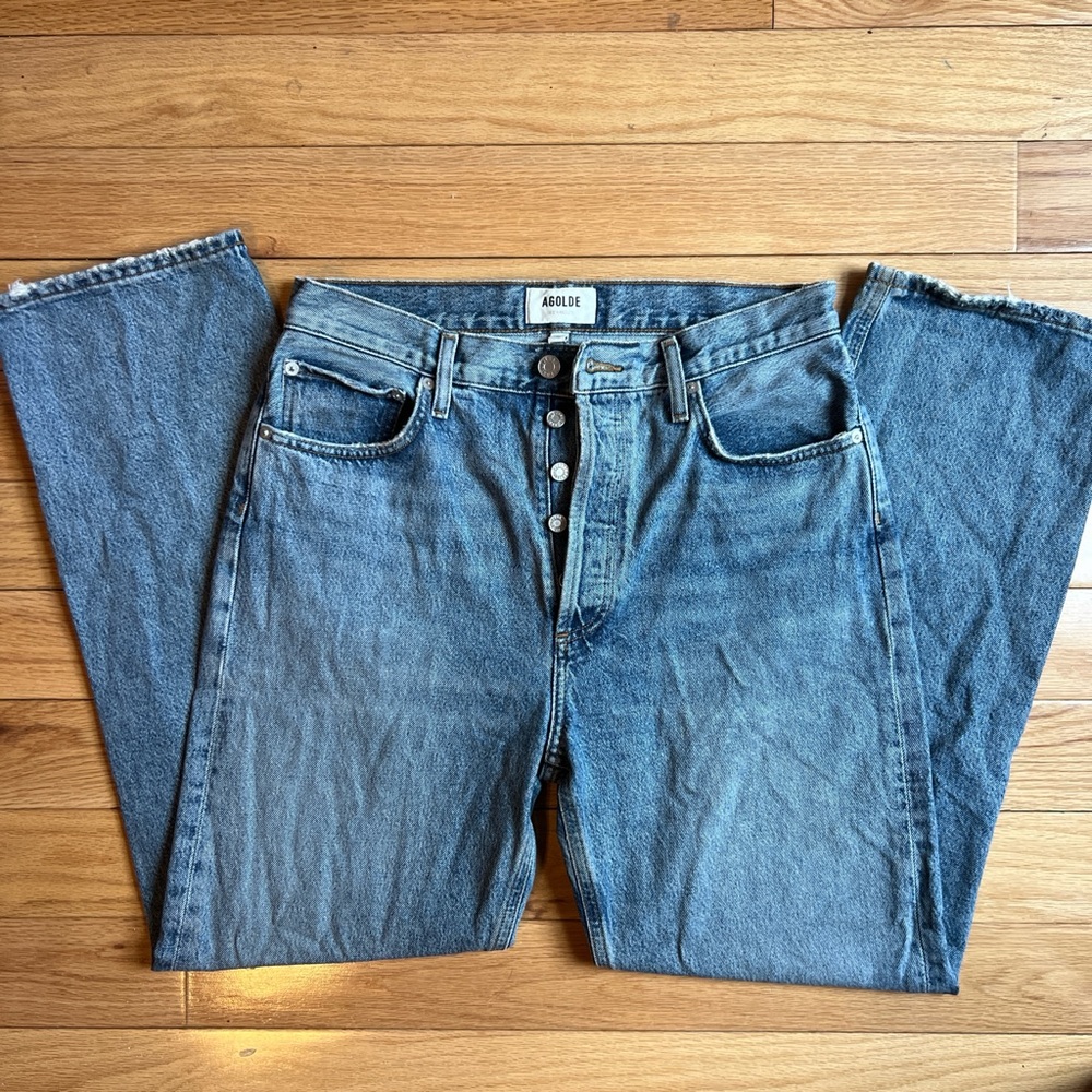 Agolde Blue Straight Leg Jeans with Button Closure!